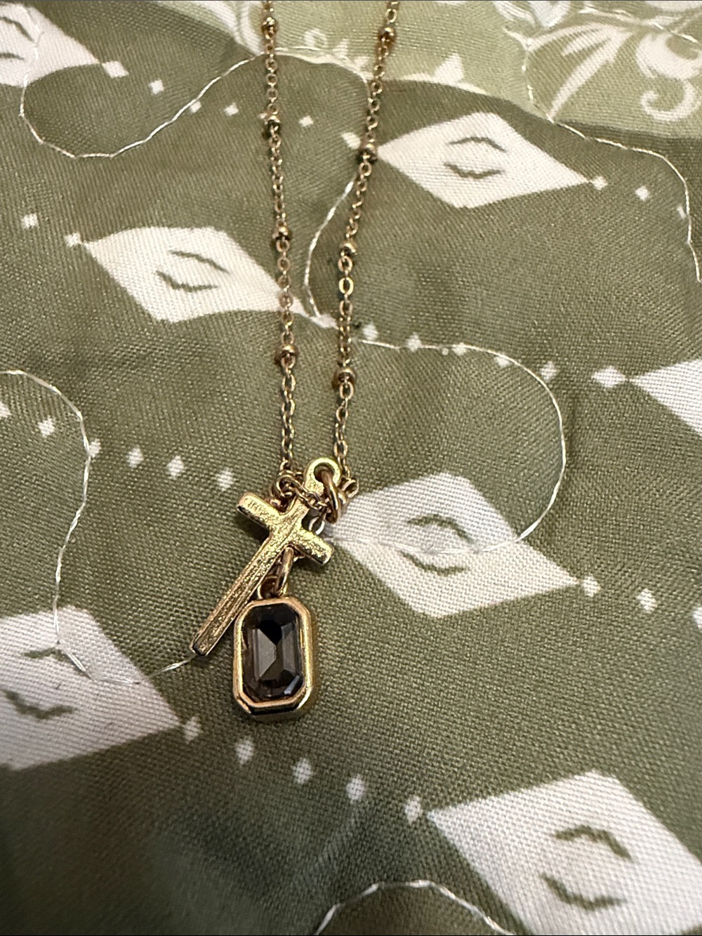 Gold Cross Pendant Necklace with Smoky Gem- 18”